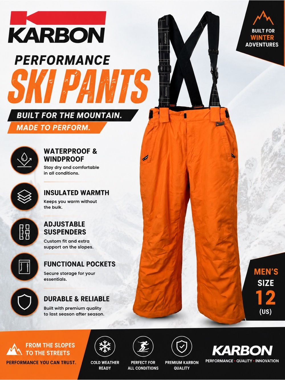Karbon Men's Orange Insulated Ski Pants with Adjustable Suspenders
